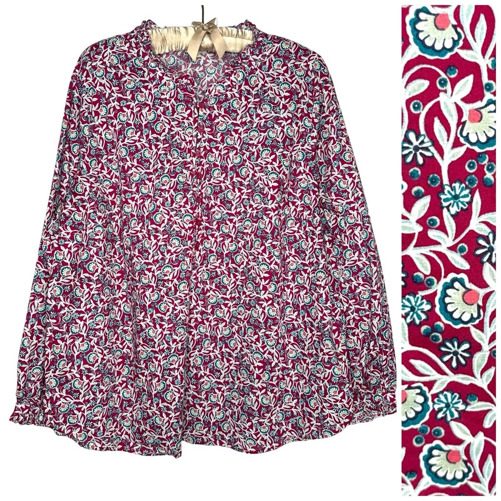 Talbots 2X Liberty Floral Henley Popover Blouse Casual 100% Cotton Ruffle Trim